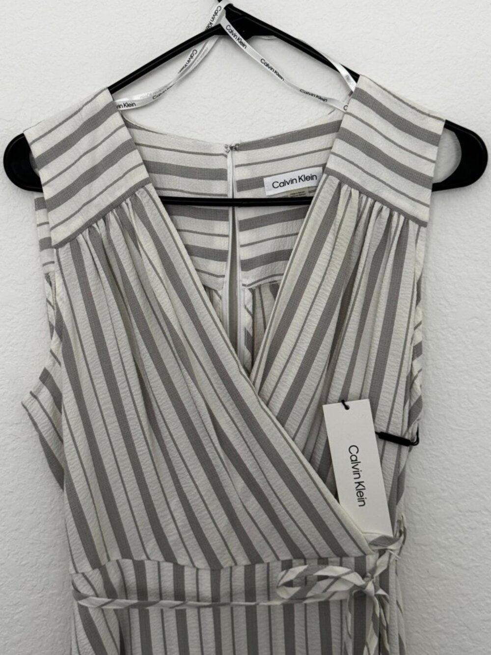 NWT Calvin Klein Striped Sleeveless Faux Wrap Seersucker-like Maxi Dress - Picture 3 of 9